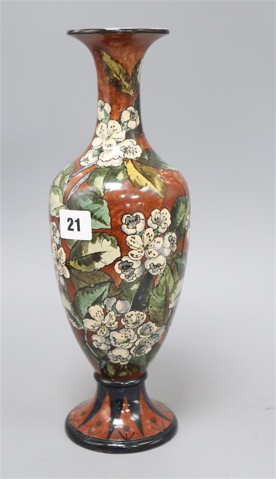 An early Doulton Lambeth faience vase, by Eliza Simmance, dated 1877, H. 33cm